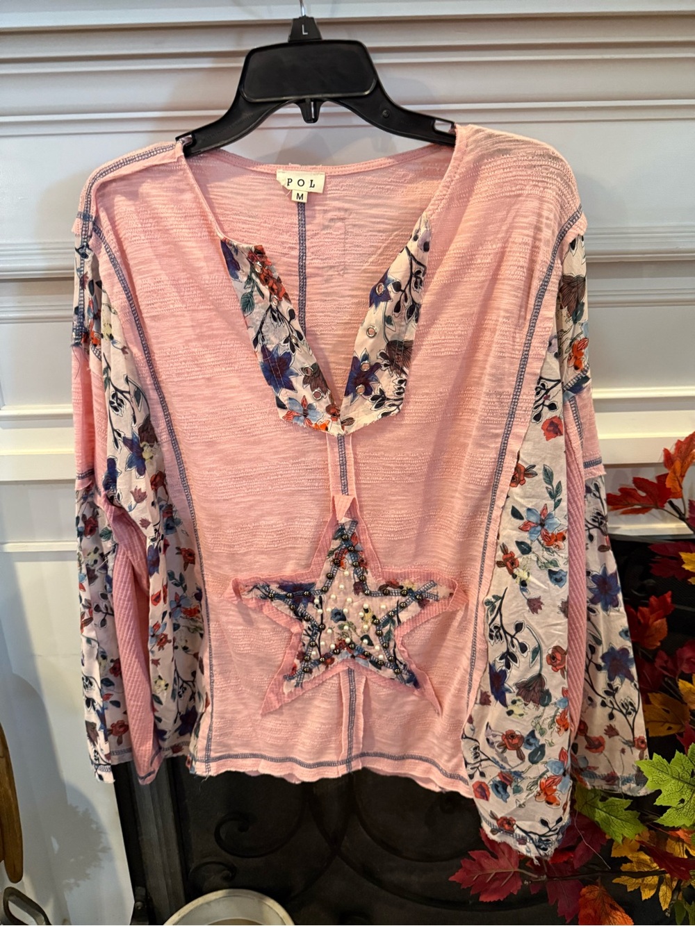 POL Pink Long-Sleeve Top with Floral Sleeve Panels & Beaded Star